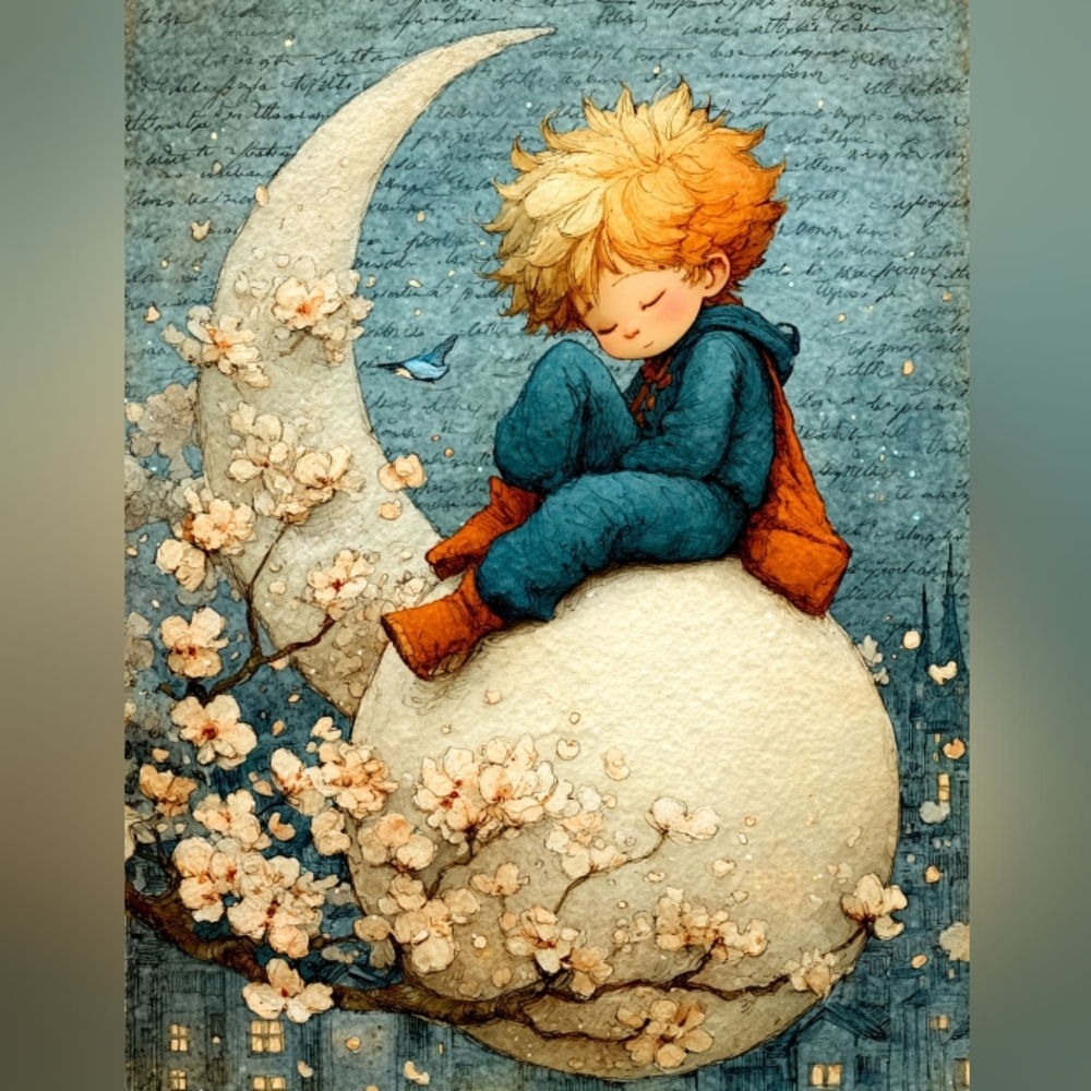 Whimsical Child on Moon Art Print